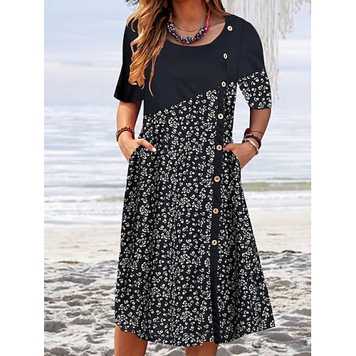 

Per donna Vestito casual vestito a flori Abito estivo Floreale Collage Pulsante Girocollo Vestito longuette Di tendenza Classico Giornaliero Per eventi Manica corta Morbido Nero Estate Primavera S M