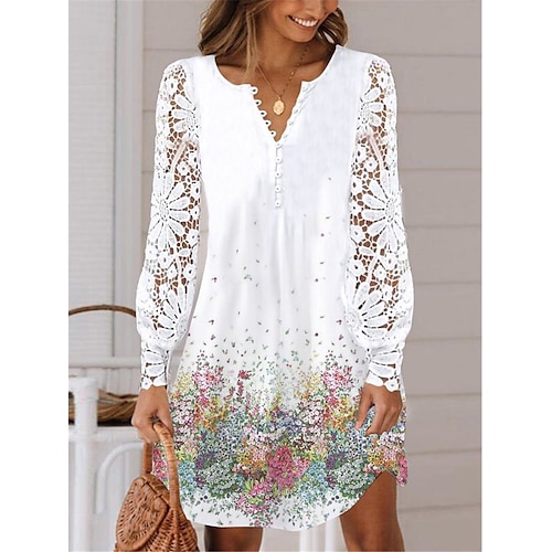 

Dame Uformell kjole Blonde kjole Sommerkjole Blomstret Blonde Lapper V-hals Mini kjole Mote Gatemote utendørs Daglig Langermet Løstsittende Hvit Sommer Vår S M L XL XXL
