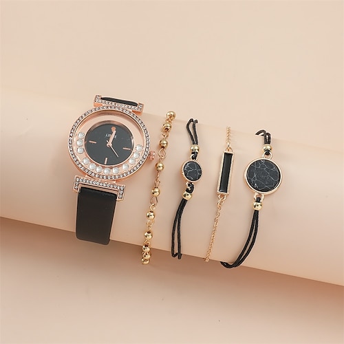 

5pcs/set New Women's Set Korean Fashion Diamond Inlaid Leather Watch BandFashion Personality Versatile Bracelet