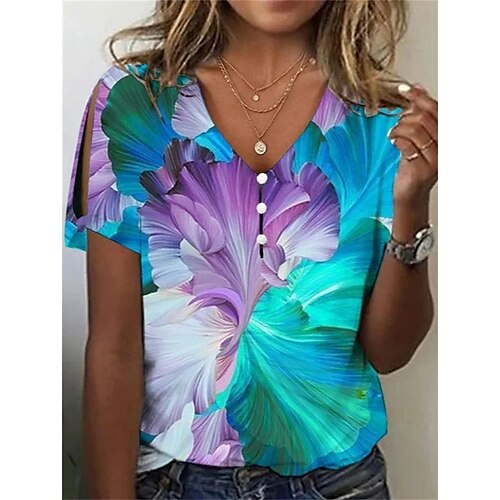 

Mulheres Camiseta Branco Roxo Floral Botão Com Corte Manga Curta Feriado Final de semana Básico Decote V Padrão Tema Flores Pintura S