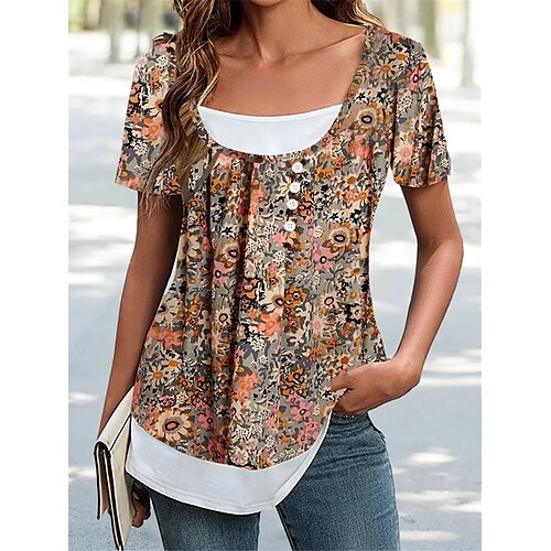 

Damen T Shirt Blau Orange Grün Graphic Blumen Bedruckt Kurzarm Casual Festtage Basic Rundhalsausschnitt Standard Blume S