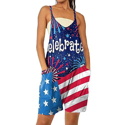 

Damen Kurz Jumpsuit Tasche Bedruckt Nationalflagge V Ausschnitt Strassenmode Brautkleider schlicht Täglich Urlaub Regular Fit Ärmellos Weiß Wein Rote S M L XL Sommer