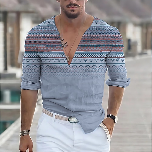 

Hombre camisa de lino Camisa Tribal Estampados Cosecha Geometría Escote en Pico Azul Piscina Caqui Gris Exterior Calle Manga Larga Estampado Ropa Lino Moda Design Casual Suave