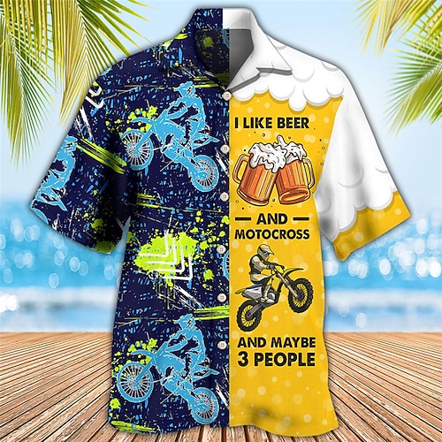 

Hombre Camisa camisa hawaiana Letra Estampados Cerveza Collar Cubano Negro Azul Piscina Exterior Casual Manga Corta Estampado Ropa Deportes Moda Ropa de calle Design