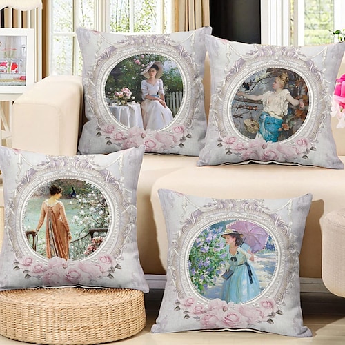 

Victorian Portrait Double Side Pillow Cover 4PC Vintage Soft Decorative Square Cushion Case Pillowcase for Bedroom Livingroom Sofa Couch Chair