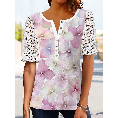 

Mulheres Camisa Social Blusa Rosa Azul Roxo Floral Renda Botão Manga Curta Casual Feriado Básico Decote Redondo Padrão Tema Flores S