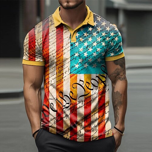 

Herre Button Up Poloer Lapel Polo POLO T-skjorte Golf skjorte Bokstaver Grafiske trykk Amerikansk flagg Aftæpning Gul Navyblå Blå utendørs Gate Kort Erme Trykt mønster Klær Sport Mote Gatemote