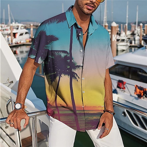 

Homme Chemise Chemise hawaïenne Cocotier Imprimés Photos Coucher du soleil Col rabattu Bleu Gris Extérieur Plein Air Manches courtes Imprimer Vêtement Tenue Mode Vêtement de rue Design Flexible