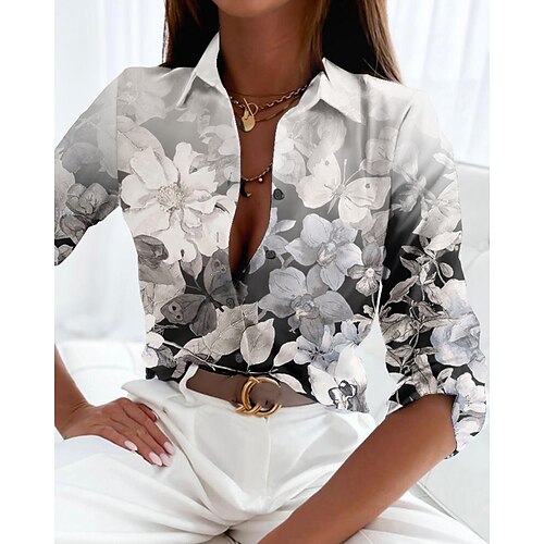 

Mulheres Camisa Social Blusa Cinzento Floral Botão Imprimir Manga Longa Casual Feriado Básico Colarinho de Camisa Padrão Tema Flores S