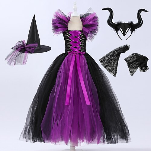 

Bruxa Maléfico Vestidos Fantasia de festa temática Para Meninas Cosplay filme Fantasias Festa a fantasia Roxo Vestido Mangas Chapéu Dia da Criança Baile de Máscaras Organza