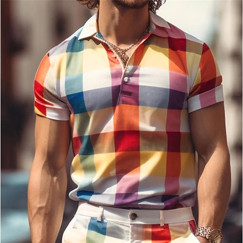 

Herre Button Up Poloer Lapel Polo POLO T-skjorte Golf skjorte Pledd / Tern Grafiske trykk Geometri Aftæpning Gul Lilla utendørs Gate Kort Erme Trykt mønster Klær Sport Mote Gatemote Designer