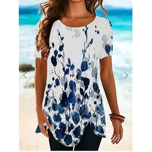 

Women's T shirt Tee Light Green Pink Blue Floral Print Short Sleeve Holiday Weekend Tunic Basic Round Neck Regular Floral Painting S