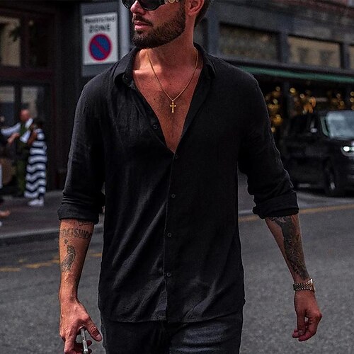 

Per uomo Camicia Camicia con bottoni Camicia estiva Maglietta informale Nero Manica lunga Liscio Collo ripiegabile Giornaliero Da mare Abbigliamento Di tendenza Informale Comodo