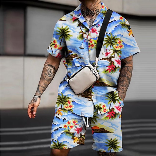 

Homens Camisa Social Camisa havaiana Conjunto de camisa Coqueiro Estampas Abstratas Praia Aberto para a Lateral Azul Azul Claro Ao ar livre Rua Manga Curta Imprimir Roupa Moda Roupa de rua Designer