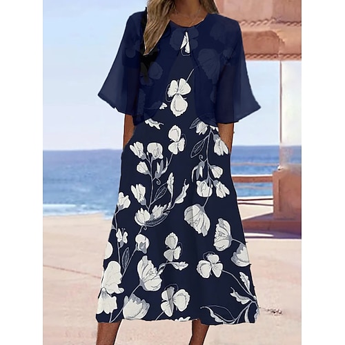 

Dame Todelt kjolesett Uformell kjole Kjolesett utendørs Daglig Mote Moderne Lomme Trykt mønster Midikjole Crew-hals Halvlange ermer Blomstret Løstsittende Mørkeblå Sommer Vår S M L XL XXL