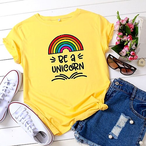 

Mujer Camiseta Blanco Amarillo Verde Claro Graphic Arco iris Estampado Manga Corta Diario Fin de semana Básico Escote Redondo Regular 100% Algodón S