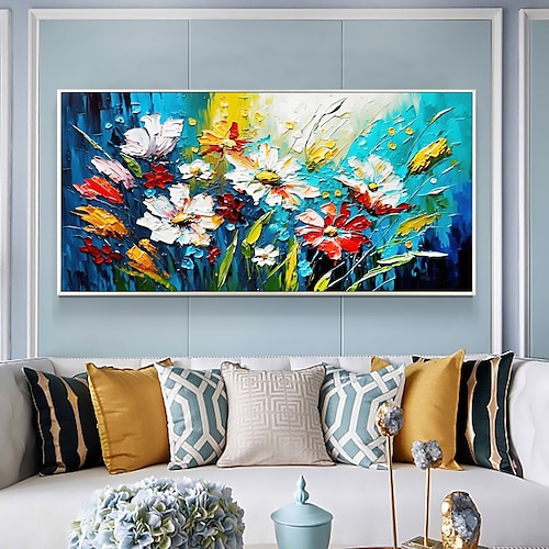 

Pintura a óleo artesanal em tela decoração de arte de parede original colorido flor florescente pintura floral abstrata para decoração de casa com moldura esticada/sem pintura de moldura interna