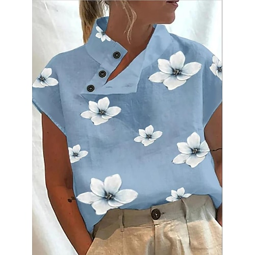 

Women's Shirt Blouse Blue Green Khaki Floral Button Print Short Sleeve Casual Holiday Basic Standing Collar Regular Floral S