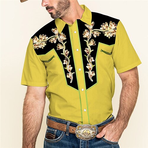 

Homme Chemise Chemise Western Floral Imprimés Photos Col rabattu Jaune Bleu Extérieur Plein Air Manches courtes Imprimer Vêtement Tenue Mode Vêtement de rue Design Décontractées