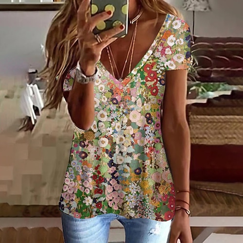 

Women's T shirt Tee Pink Green Floral Print Short Sleeve Holiday Weekend Tunic Basic V Neck Regular Floral Painting S