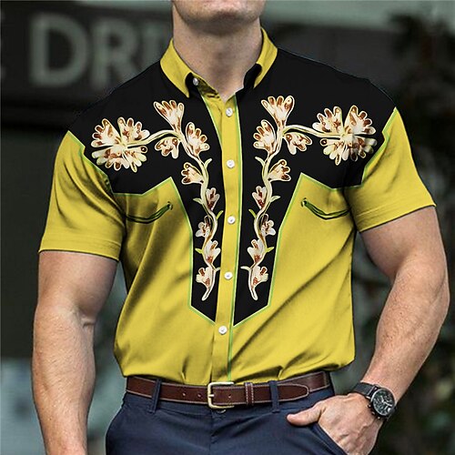 

Men's Shirt Western Shirt Floral Graphic Prints Turndown Yellow Blue Outdoor Street Short Sleeves Print Clothing Apparel Fashion Streetwear Designer Casual