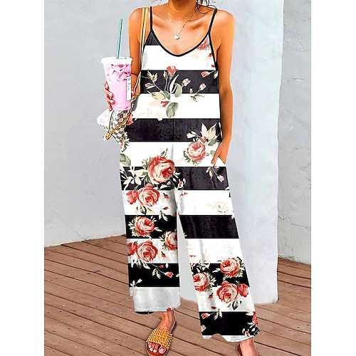 

Mujer Mono Estampado Floral Escote en Pico Ropa de calle Calle Diario Holgado Con Correa Negro Blanco Azul Piscina S M L Verano