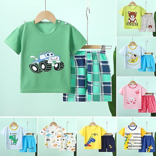 

2 stuks kids jongens t-shirt & shorts outfit dier cartoon korte mouw ronde hals set casual mode dagelijks zomer lente 3-7 jaar (maten onder de 100cm hebben schoudergespen)