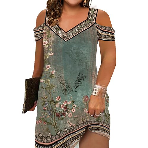 

kvinders plus size afslappet kjole etnisk kjole sommerkjole blomstret tribal udskæring print v-hals mini kjole aktiv mode udendørs daglig kortærmet regular fit grøn l xl xxl 3xl 4xl