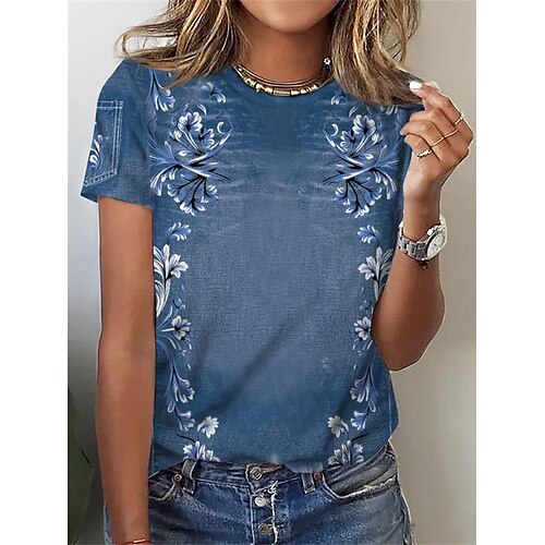 

Damen T Shirt Schwarz Blau Grün Blumen Bedruckt Kurzarm Festtage Wochenende Basic Rundhalsausschnitt Standard Blume Farbe S