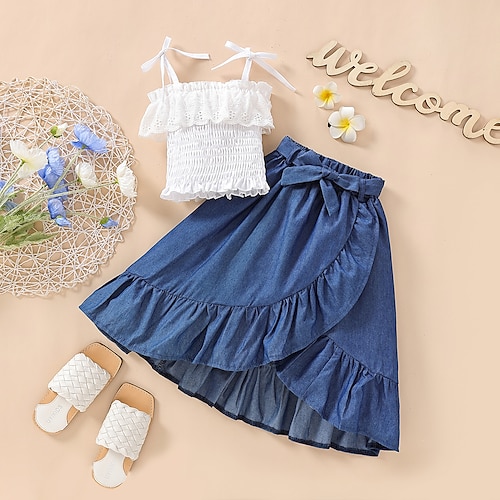 

2 pezzi Bambino Da ragazza Tinta unica All'americana Abiti eleganti Impostato Senza maniche Di tendenza Esterno 3-7 anni Estate Bianco
