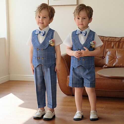 

4 pezzi Bambino (1-4 anni) Da ragazzo Camicia e pantaloni Vestito A quadri Manica corta Impostare Esterno Di tendenza Giornaliero Estate Primavera 3-7 anni Blu Azzurro cielo