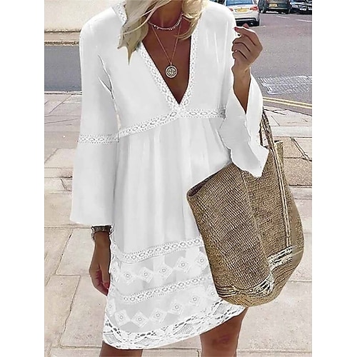 

Women's Cotton Linen Dress Casual Dress Midi Dress Cotton Blend Fashion Basic Outdoor Daily Vacation Deep V Lace Patchwork Long Sleeve Summer Spring Fall 2023 Loose Fit White Plain S M L XL 2XL