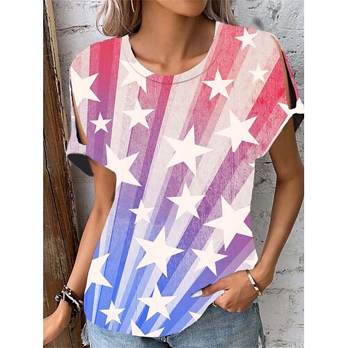 

T shirt Tee Femme Rose Claire Rouge Bleu Feuille Etoile Imprimer Manche Courte du quotidien Fin de semaine basique Col Rond Normal Standard Peinture S