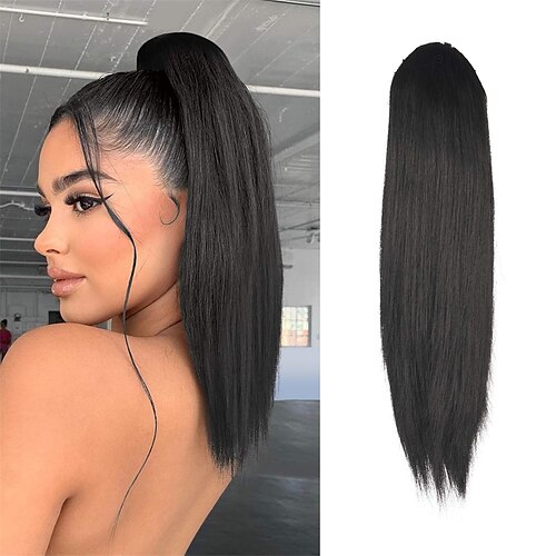 

Extensão de rabo de cavalo com cordão reto rabo de cavalo de 16 polegadas apliques de cabelo sintéticos naturais clipe em extensão de rabo de cavalo para mulheres meninas preto natural