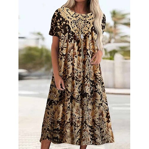 

Dame Afslappet påklædning A Linje Kjole Sommerkjole Blomstret Blonder Patchwork Rund hals Midikjole Gade Årgang Daglig Ferierejse Kortærmet Regulær Gul Sommer Forår S M L XL XXL
