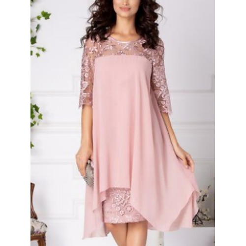 

A tubino Abito da cerimonia per signora Elegante Petite Dolce Girocollo Al ginocchio Chiffon Di pizzo Mezza manica con A pieghe 2023