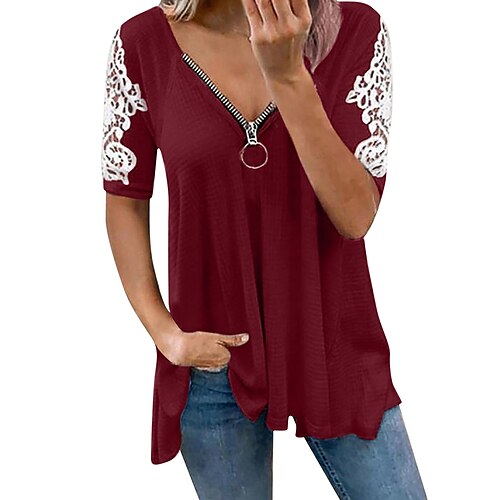 

Pull Maille Femme Gauffré Tricoter Zippé Garniture en dentelle Couleur monochrome Col V mode Décontractées Extérieur du quotidien Manches courtes Eté Printemps Noir Blanche S M L
