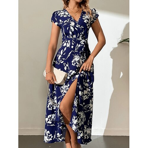 

Dame Lang kjole Maxikjole Uformell kjole Sommerkjole Print kjole Blomstret Mote Moderne utendørs Daglig Ferie Delt Trykt mønster Kortermet V-hals Kjole Normal Mørkeblå Sommer Vår S M L XL XXL