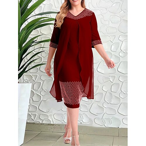 

Dame Plusstørrelser Arbejdskjole Bodycon Helfarve Midikjole 3/4-ærmer Net V-hals Mode udendørs Gul Lyserød Sommer Forår L XL XXL 3XL 4XL