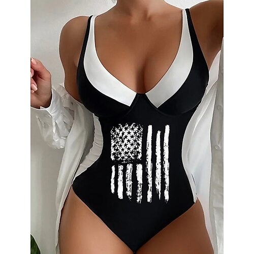 

Women's Swimwear One Piece Normal Swimsuit Tummy Control Printing American US Flag Black Bodysuit Bathing Suits Sports Beach Wear Summer