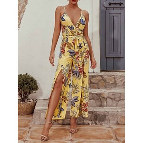 

Mulheres Macacão Fenda Imprimir Floral Decote V Roupa de rua Rua Diário Normal Sem Manga Preto Amarelo S M L Verão