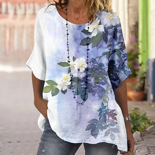 

Women's Shirt Blouse Pink Blue Green Floral Print Short Sleeve Casual Holiday Basic Round Neck Regular Floral Dolman Sleeve S