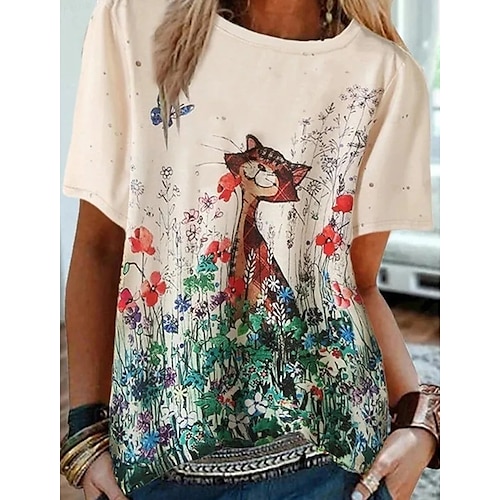 

Damen T Shirt Weiß Blumen Katze Bedruckt Kurzarm Festtage Wochenende Basic Rundhalsausschnitt Standard Blume Katze Farbe S