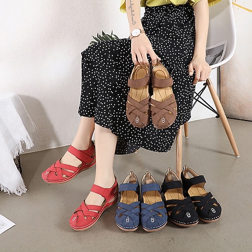 

Women's Sandals Wedge Sandals Comfort Shoes Gladiator Sandals Roman Sandals Outdoor Daily Wedge Heel Round Toe Elegant Casual Minimalism Faux Leather Magic Tape Solid Color Dark Brown Black Red