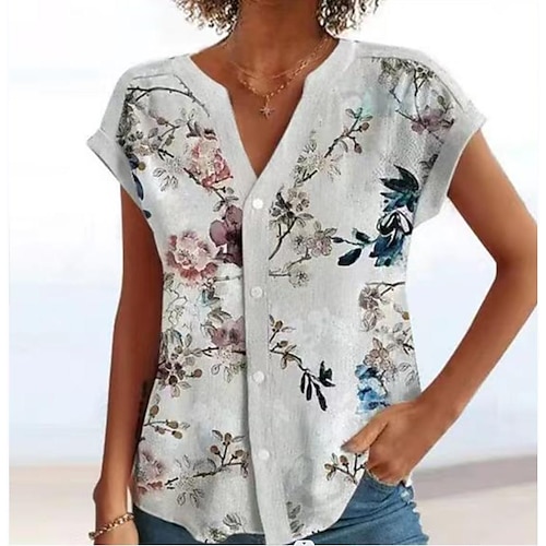 

Chemise Chemisier Femme Gris Floral Bouton Imprimer Manche Courte Casual Vacances basique Col V Normal Standard Fleur S