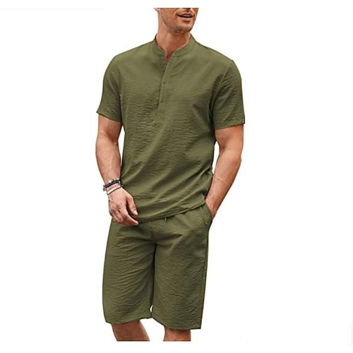 

Homme Chemise 2 Pièces Ensemble chemises Ensemble été Vert Gris Manche Courte Plein Col V Printemps été Hawaïen Vacances Vêtement Tenue Poche
