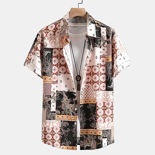 

Men's Shirt Floral Color Block Graphic Prints Vintage Turndown Red Khaki Gray Outdoor Street Short Sleeves Print Clothing Apparel Fashion Streetwear Designer Soft