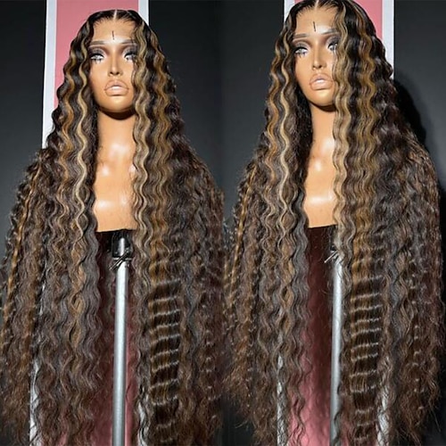 

Ekte hår 13x4 blonder foran Parykk Gratis del Brasiliansk hår Dyp Bølge Flerfarvet Parykk 130% 150% Hair Tetthet med baby hår Hår med highlights 100% Jomfru limfrie Til parykker for svarte kvinner