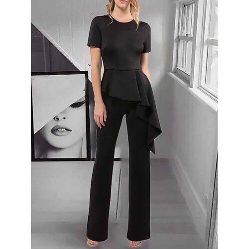 

Damen Jumpsuit Rüsche Hohe Taillenlinie Feste Farbe V Ausschnitt Strassenmode Geschäftlich B¨¹ro Arbeit Regular Fit Kurzarm Schwarz Wein Rote S M L XL Sommer