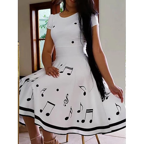 

Dame Retro Rød 1950-tallet Vintage kjole Midikjole Daglig Ferie Trykt mønster Fargeblokk Crew-hals Kortermet Normal Sommer Vår 2023 Hvit S M L XL